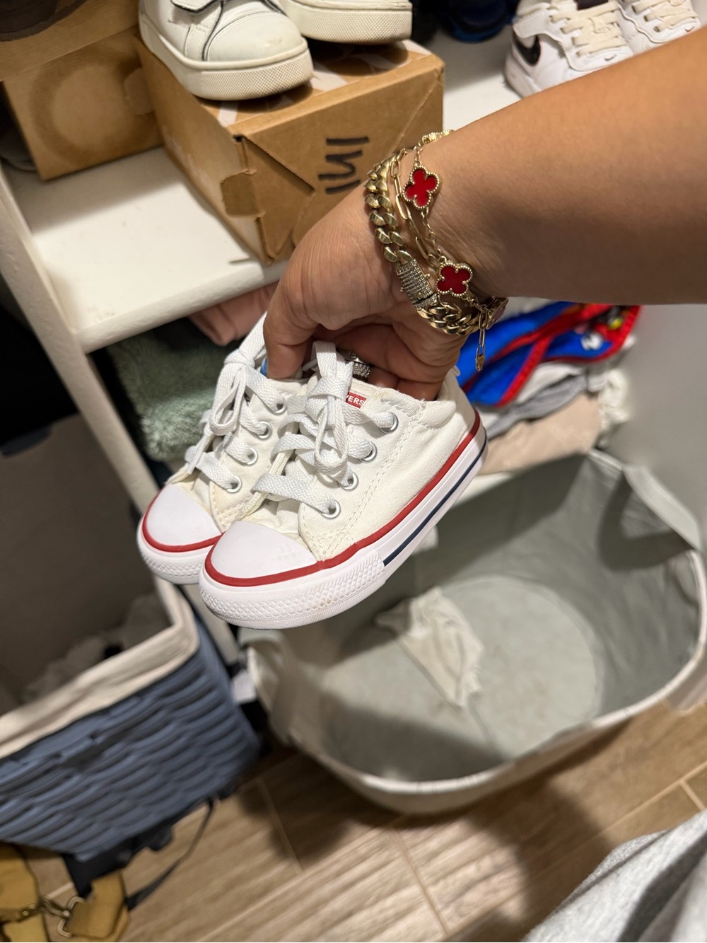 Converse White Low-Top Canvas Sneakers with Red & Blue Stripe